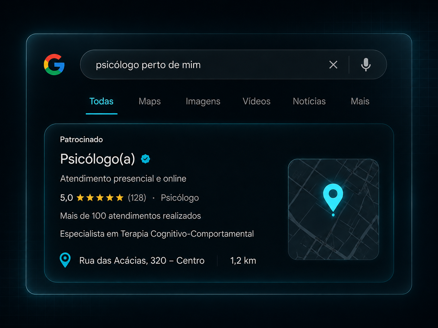 Busca no Google por psicólogo com presença profissional